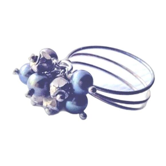 Freshwater Pearl Cluster Ring Beaded Wire Multi-band Boho Beachy Coastal Blue - Picture 1 of 7